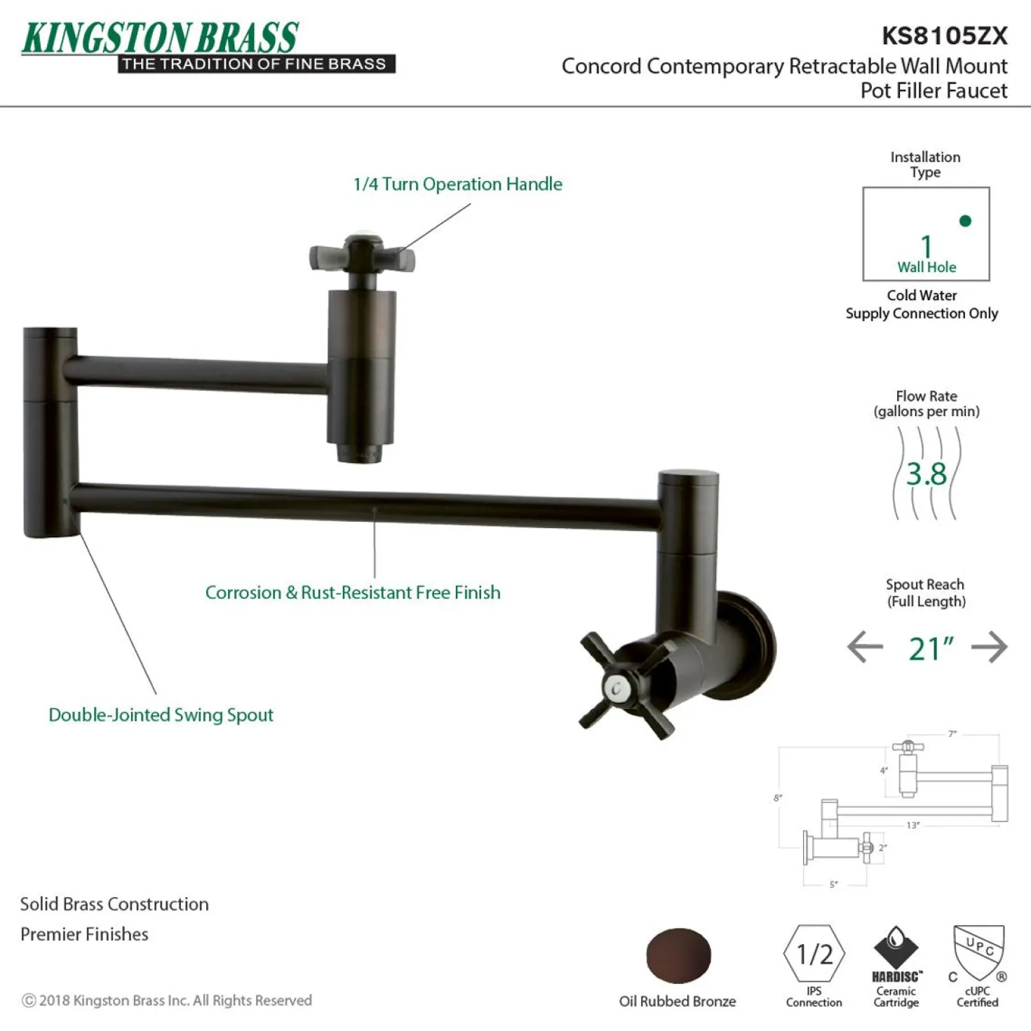 Kingston Brass Millennium Wall Mount Pot Filler Kitchen Faucet