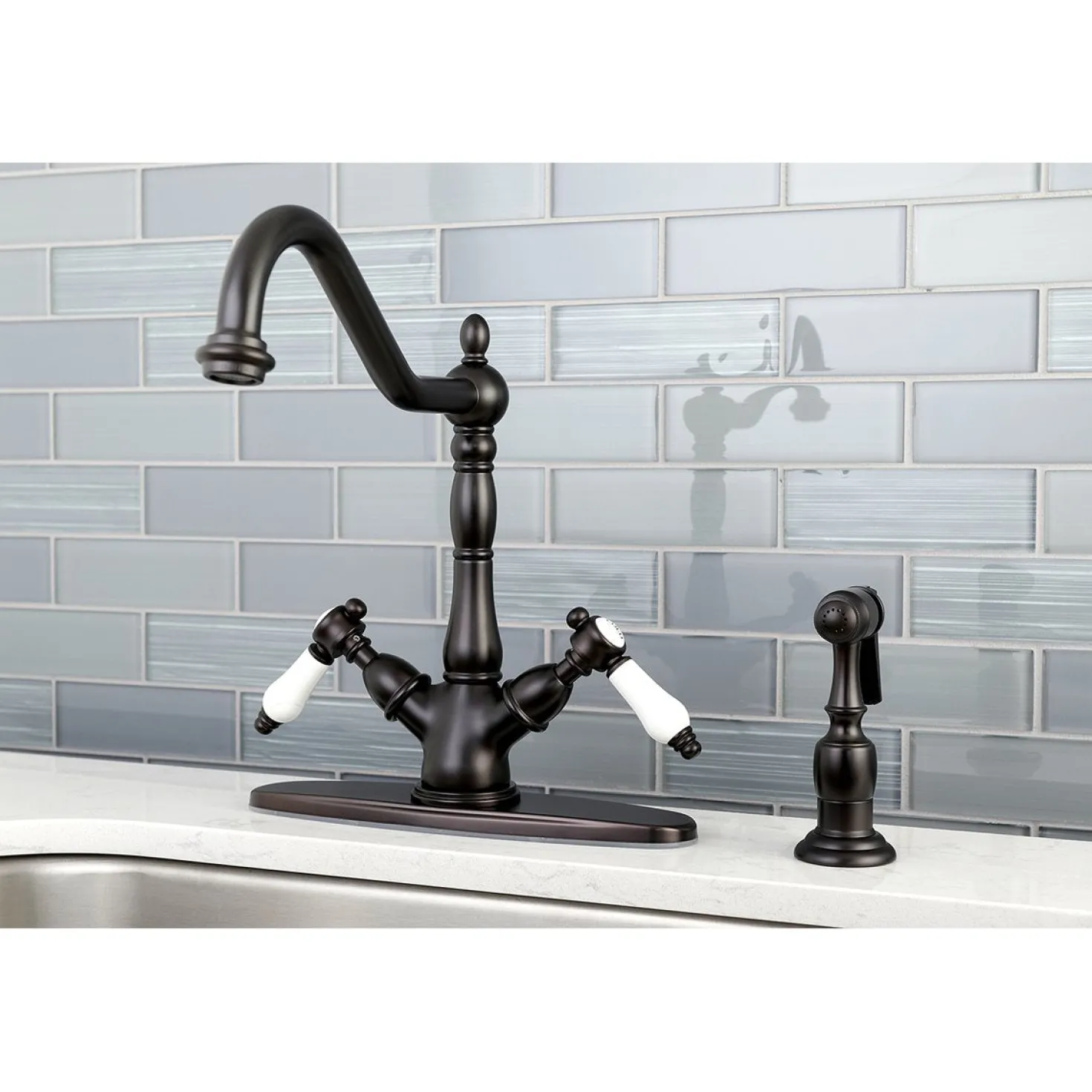Kingston Brass Mono Deck Mount Kitchen Faucet with Brass Sprayer