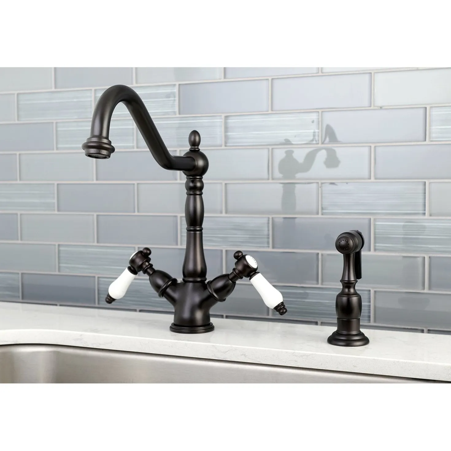Kingston Brass Mono Deck Mount Kitchen Faucet with Brass Sprayer