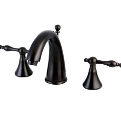 Kingston Brass Naples Two Handle Deck Mount 8" to 16" Widespread Lavatory Faucet with Brass Pop-up