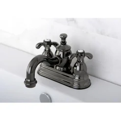 Kingston Brass NS7100TX Water Onyx 4 inch Centerset Lavatory Faucet with Cross Handles and Brass Pop up Drain in Black Nickel