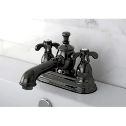 Kingston Brass NS7000TX Water Onyx 4 Inch Centerset Lavatory Faucet with Cross Handles and Brass Pop up Drain in Black Nickel