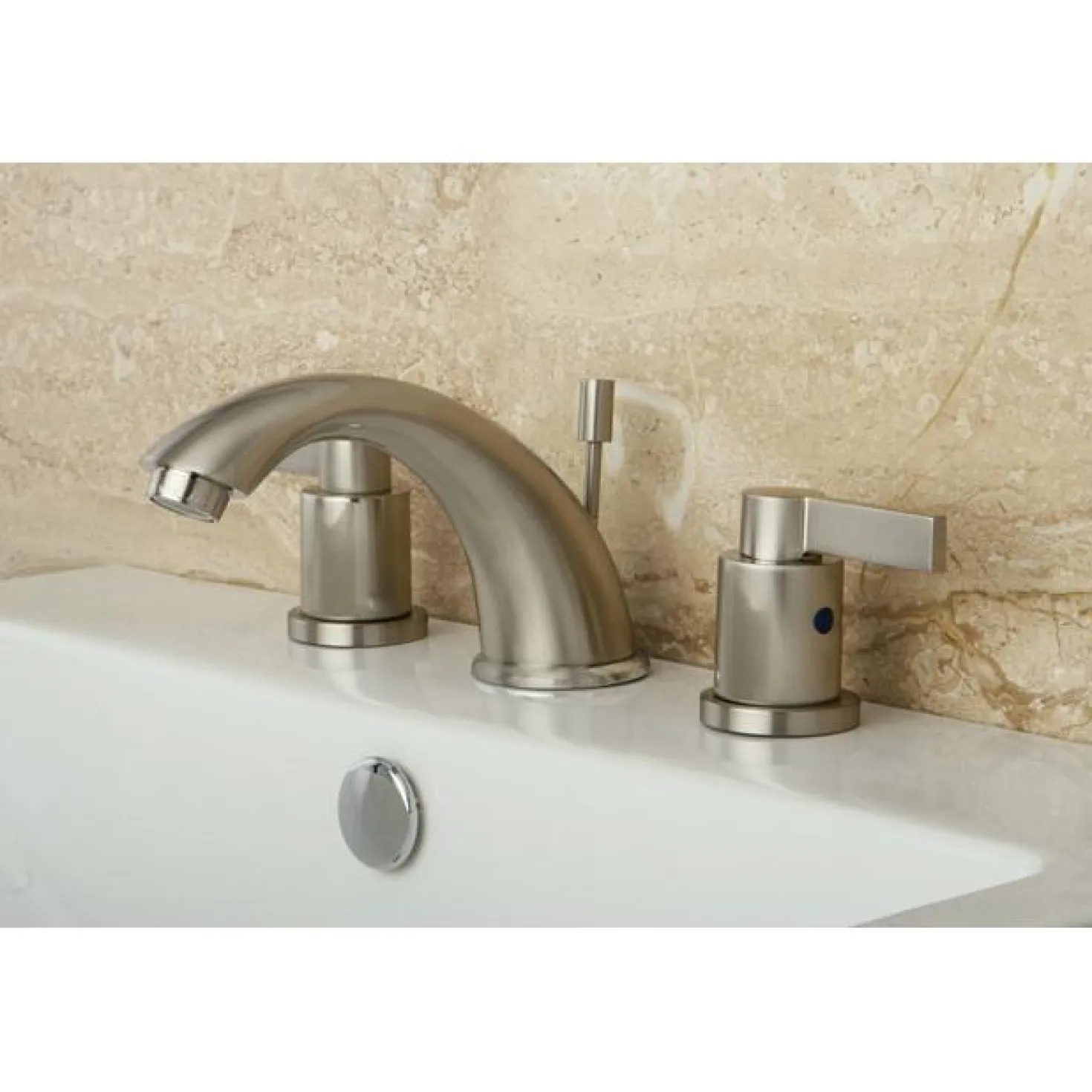 Kingston Brass NuvoFusion Double Handle 8" to 16" Widespread Lavatory Faucet with Brass Pop-up