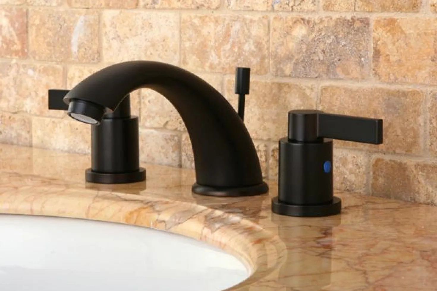 Kingston Brass NuvoFusion Double Handle 8" to 16" Widespread Lavatory Faucet with Brass Pop-up