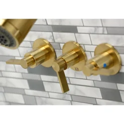 Kingston Brass NuvoFusion Three-Handle Tub and Shower Faucet in Brushed Brass