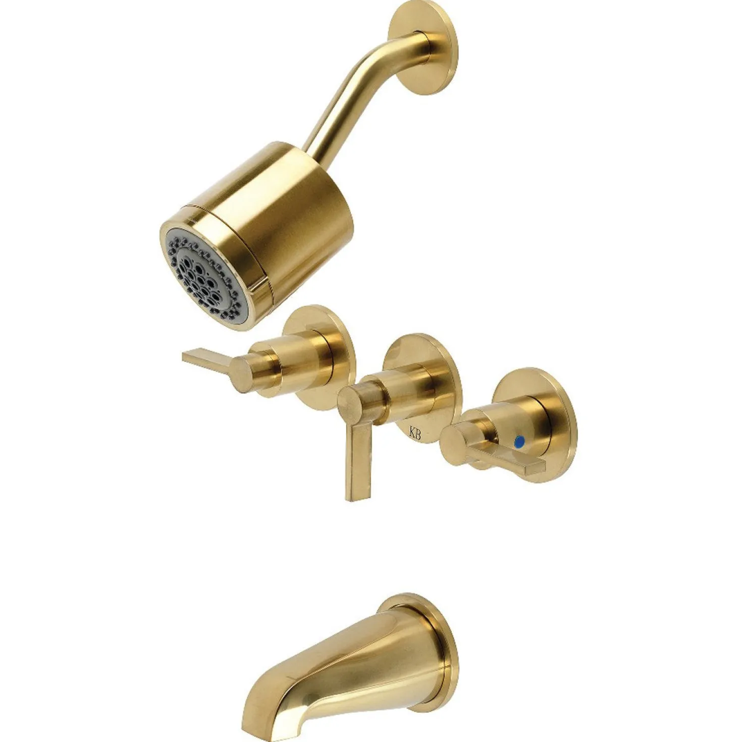 Kingston Brass NuvoFusion Three-Handle Tub and Shower Faucet in Brushed Brass