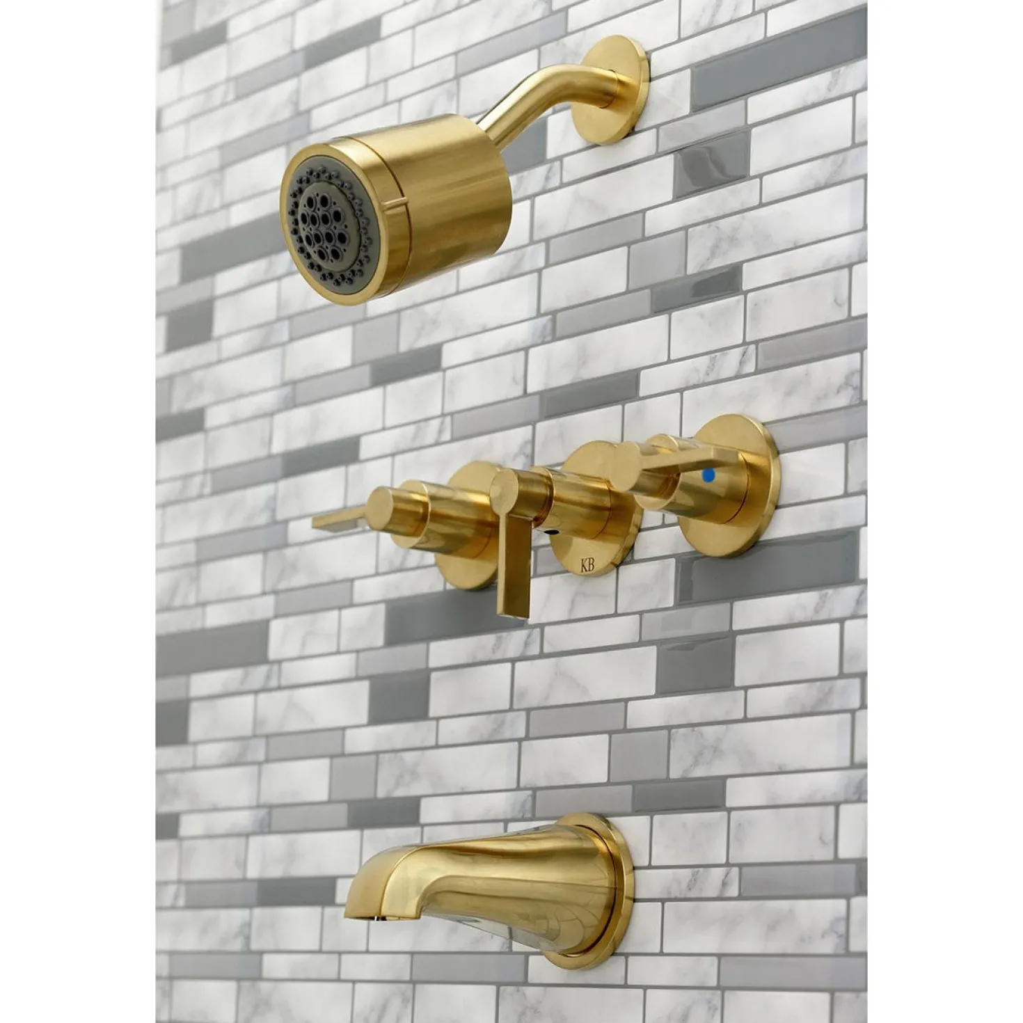 Kingston Brass NuvoFusion Three-Handle Tub and Shower Faucet in Brushed Brass