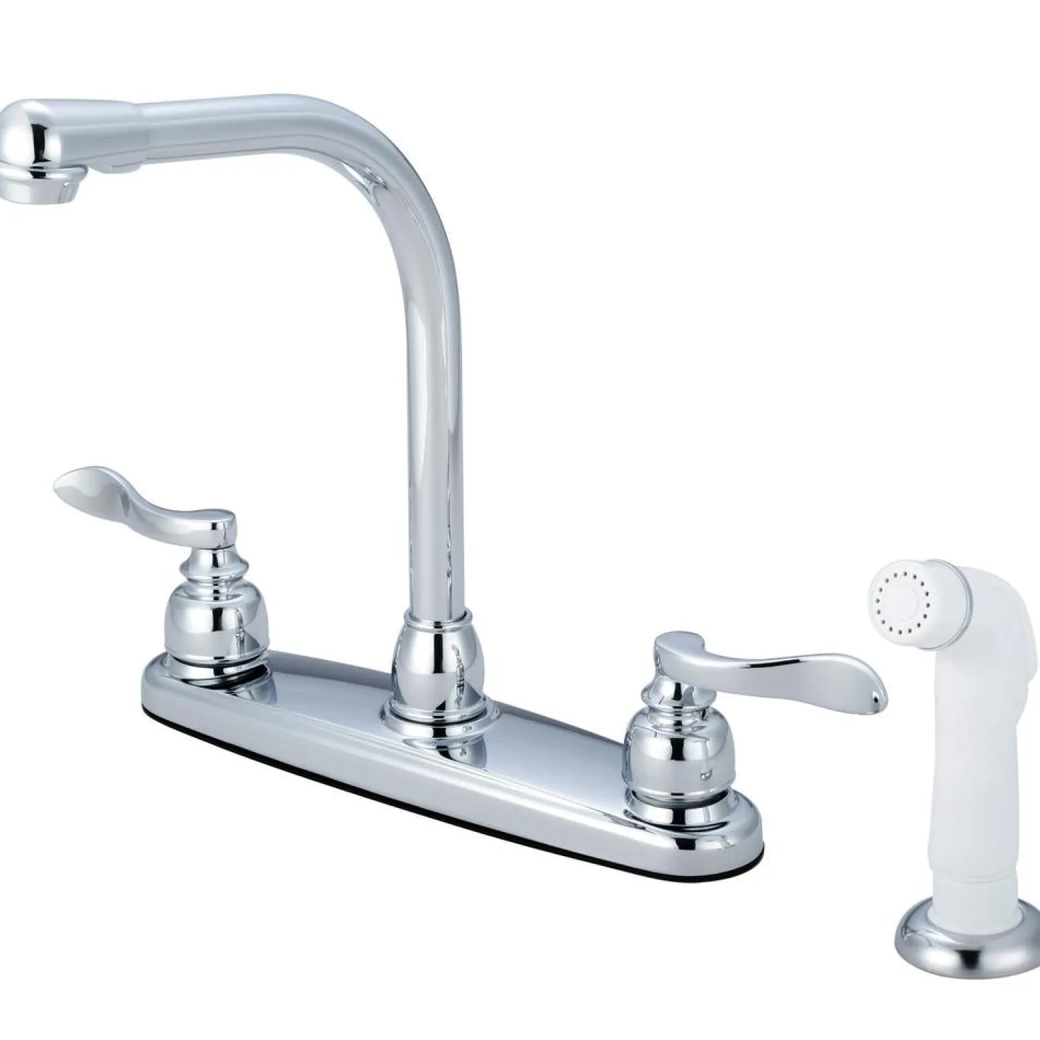 Kingston Brass Nuwave French Double Handle 8" Centerset High-Arch Kitchen Faucet with White Sprayer
