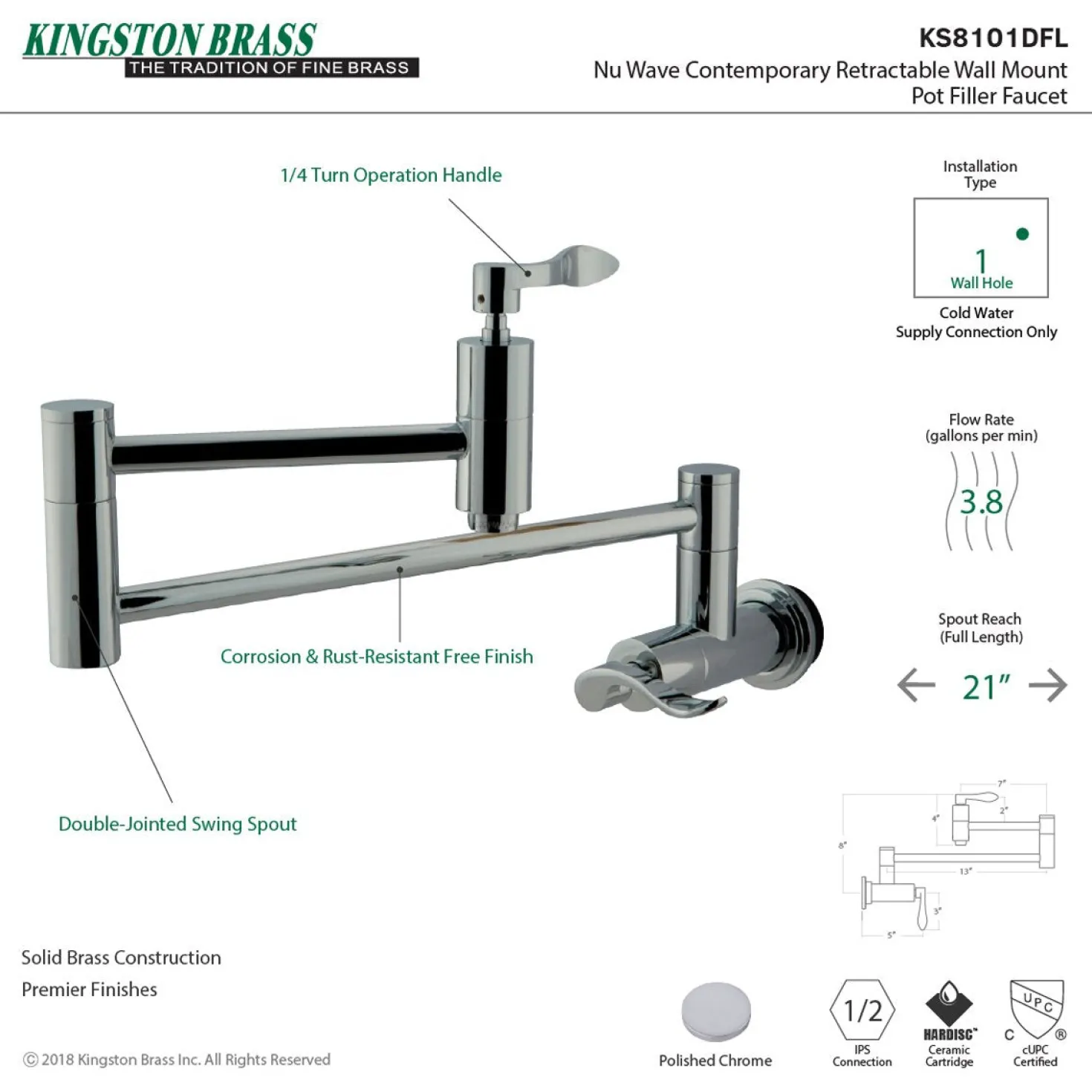 Kingston Brass NuWave Wall Mount Pot Filler Kitchen Faucet
