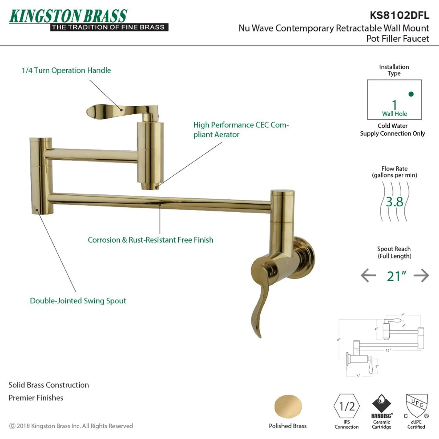 Kingston Brass NuWave Wall Mount Pot Filler Kitchen Faucet