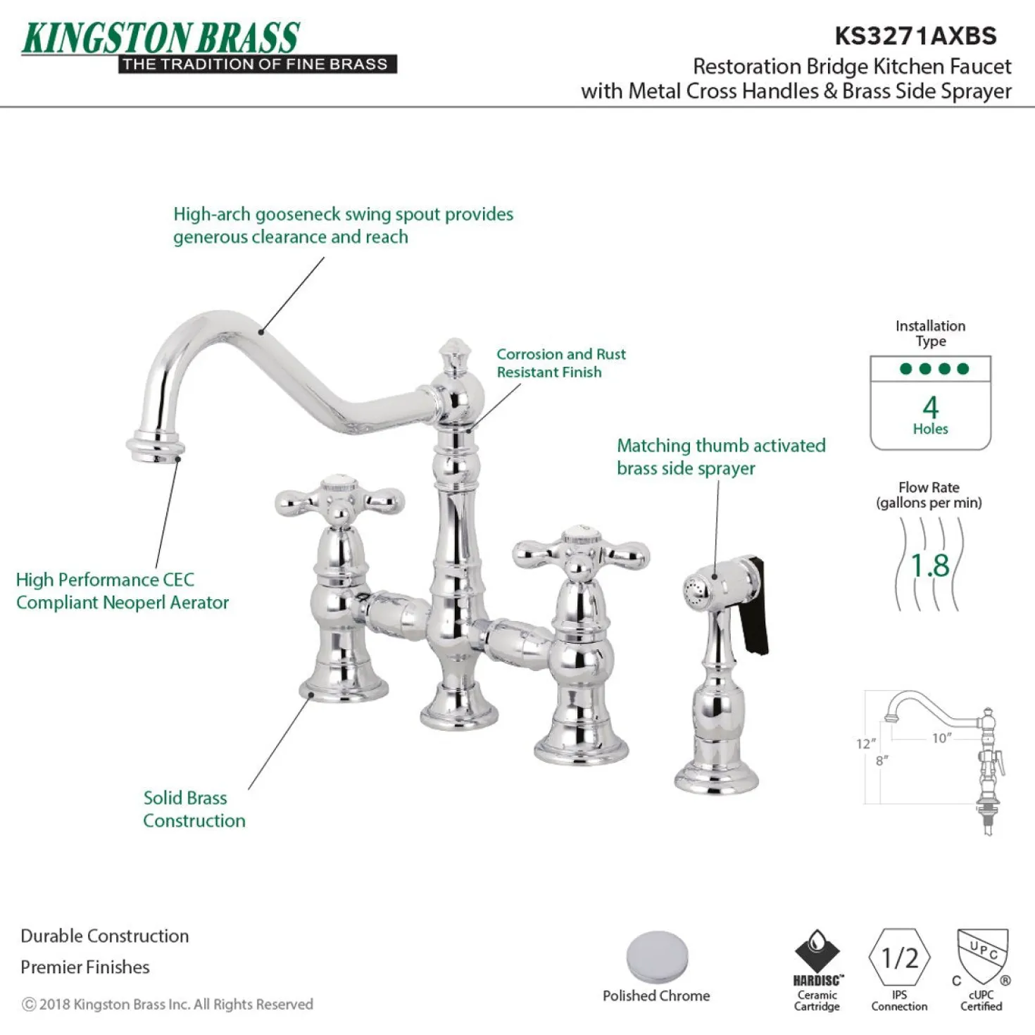 Kingston Brass Restoration 8" Bridge Kitchen Faucet with Sprayer