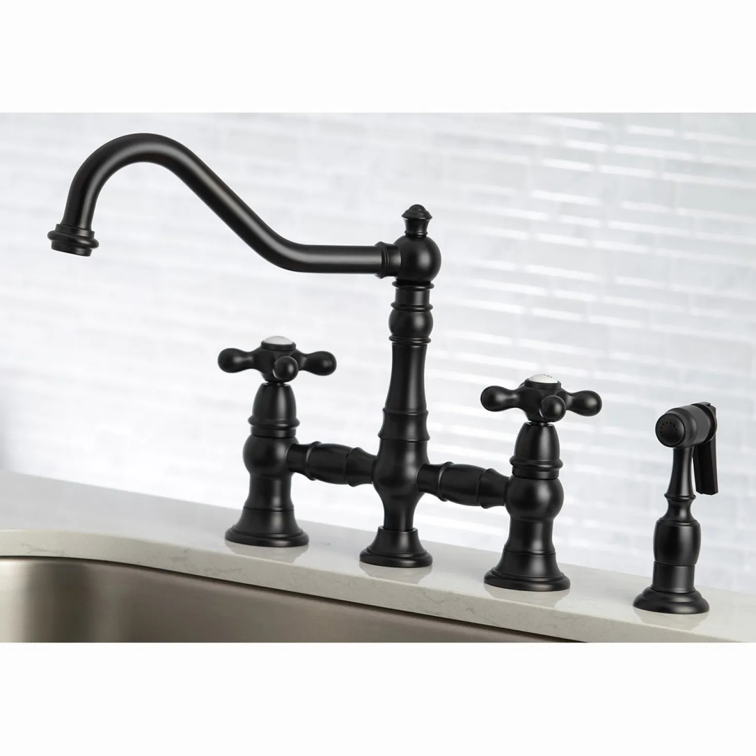 Kingston Brass Restoration 8" Bridge Kitchen Faucet with Sprayer