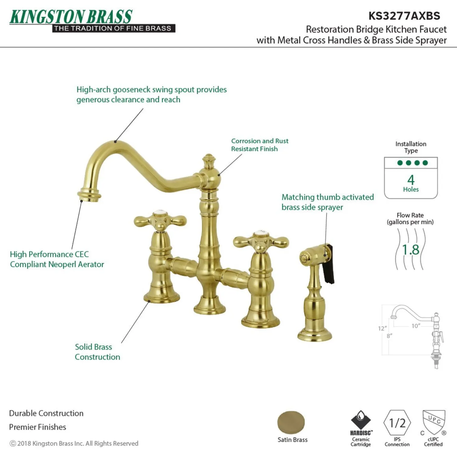 Kingston Brass Restoration 8" Bridge Kitchen Faucet with Sprayer
