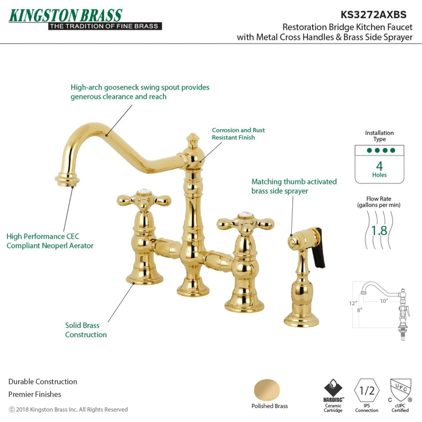 Kingston Brass Restoration 8" Bridge Kitchen Faucet with Sprayer