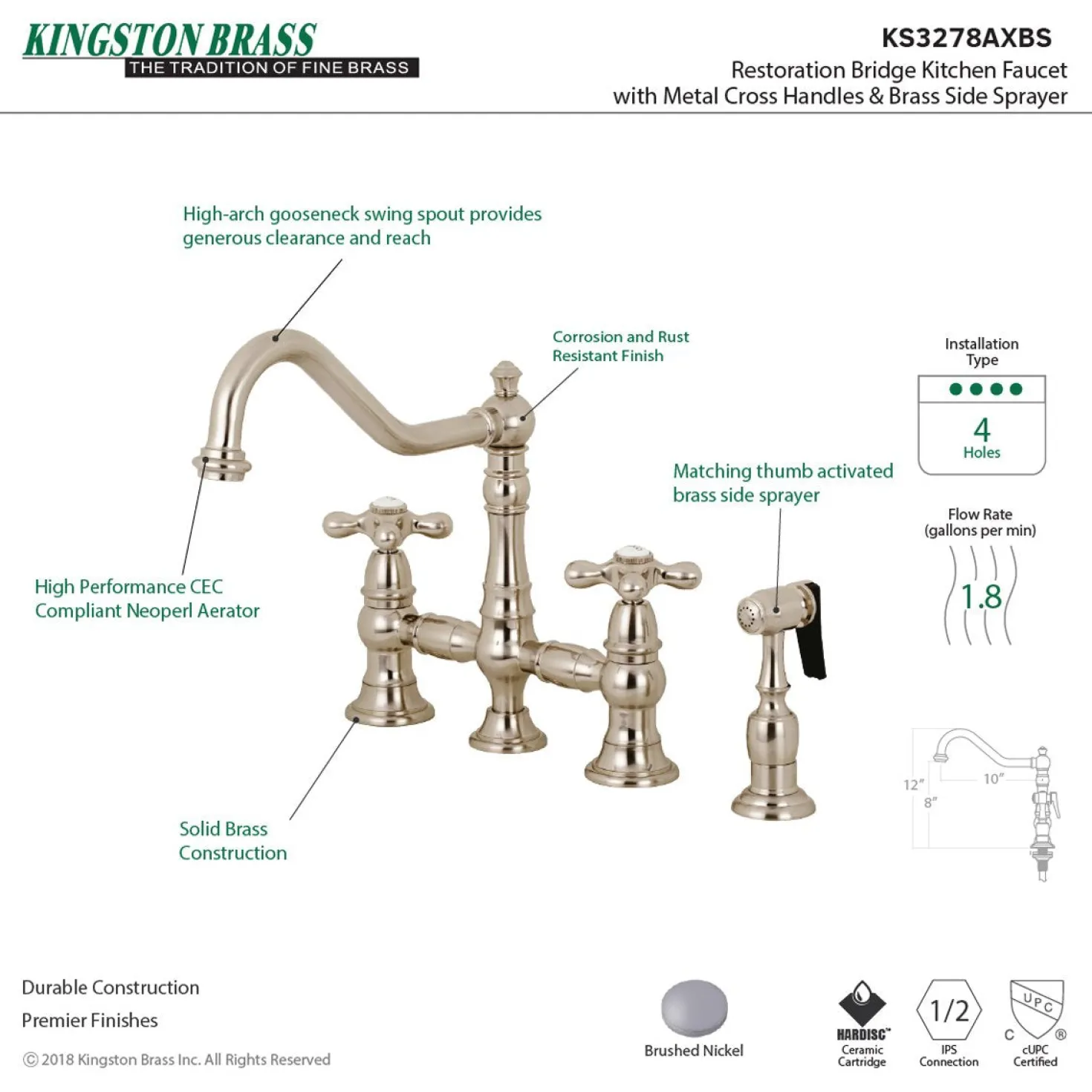 Kingston Brass Restoration 8" Bridge Kitchen Faucet with Sprayer