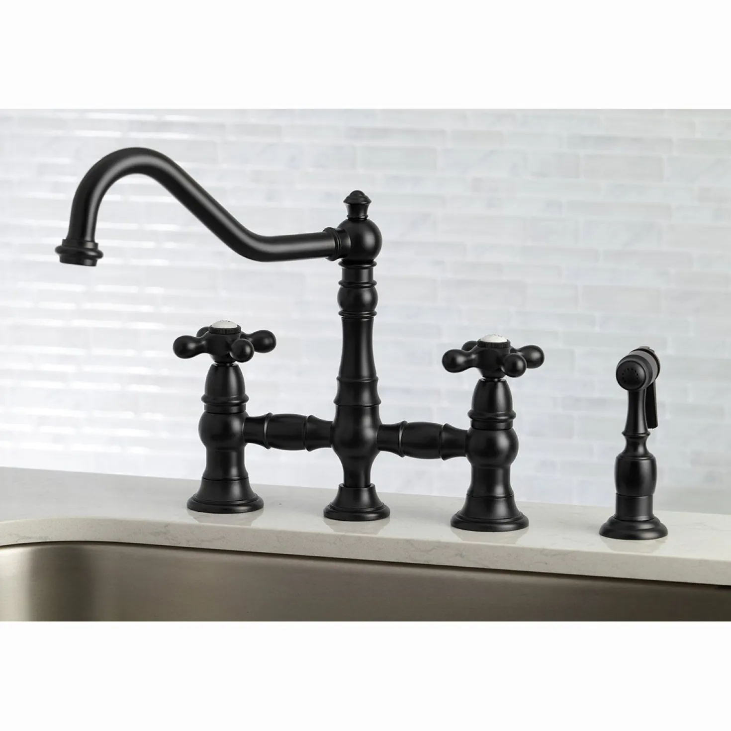 Kingston Brass Restoration 8" Bridge Kitchen Faucet with Sprayer