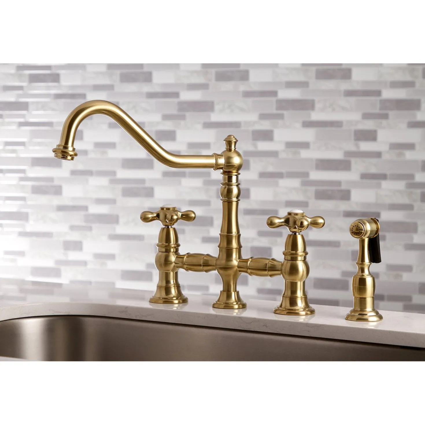 Kingston Brass Restoration 8" Bridge Kitchen Faucet with Sprayer