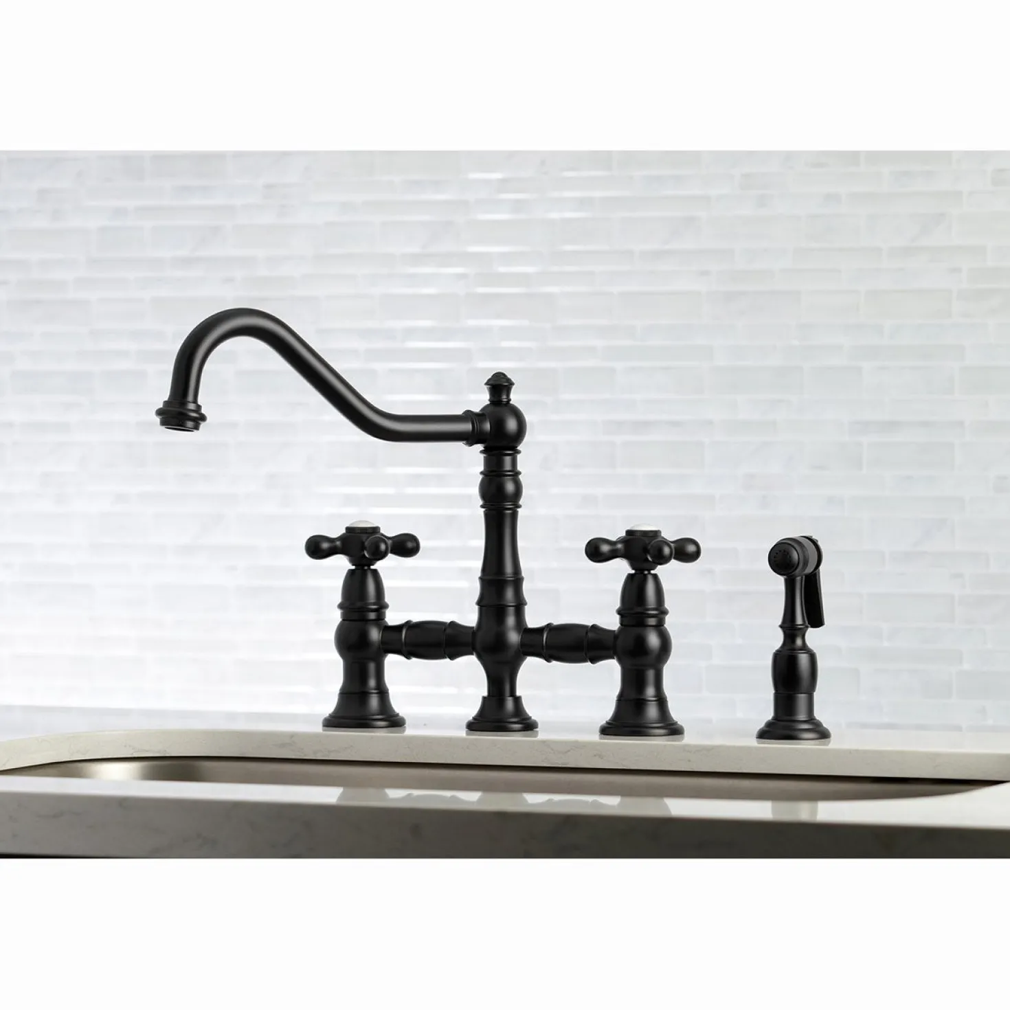 Kingston Brass Restoration 8" Bridge Kitchen Faucet with Sprayer