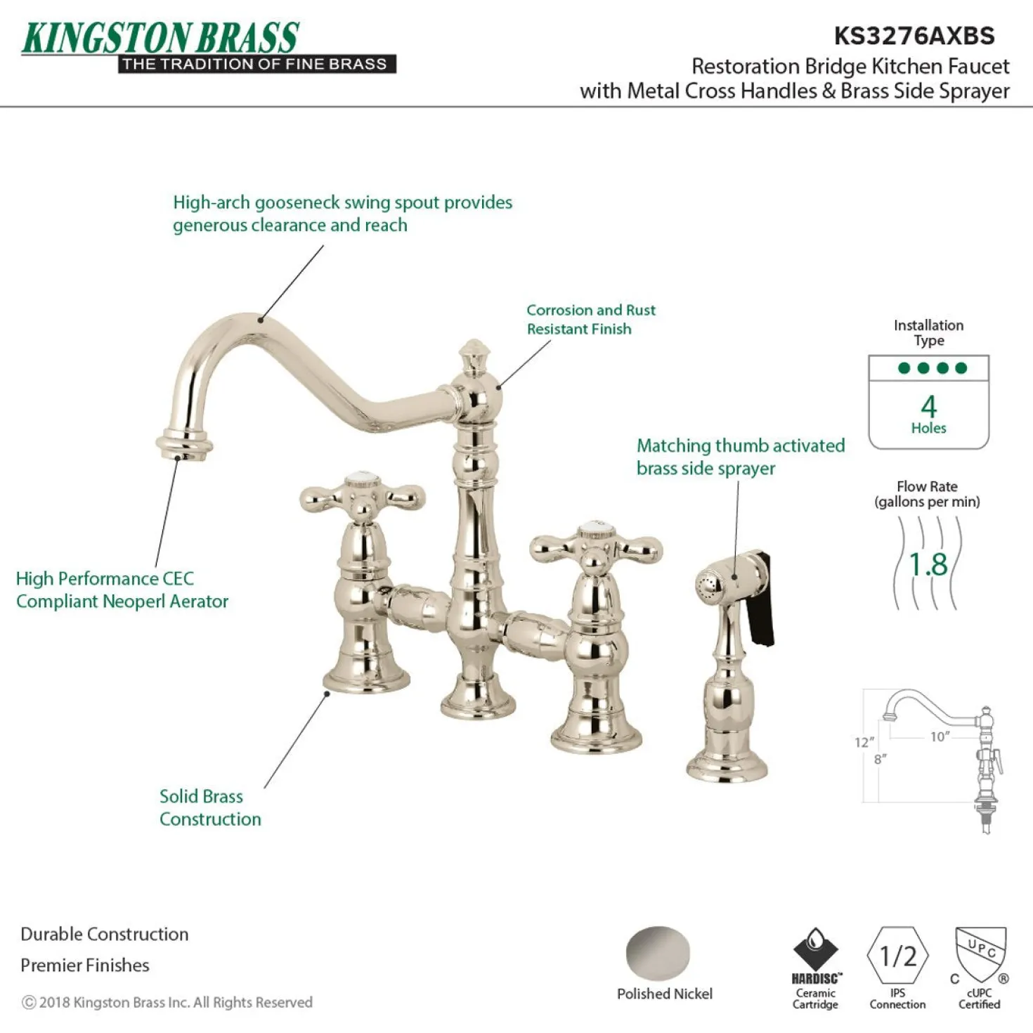 Kingston Brass Restoration 8" Bridge Kitchen Faucet with Sprayer