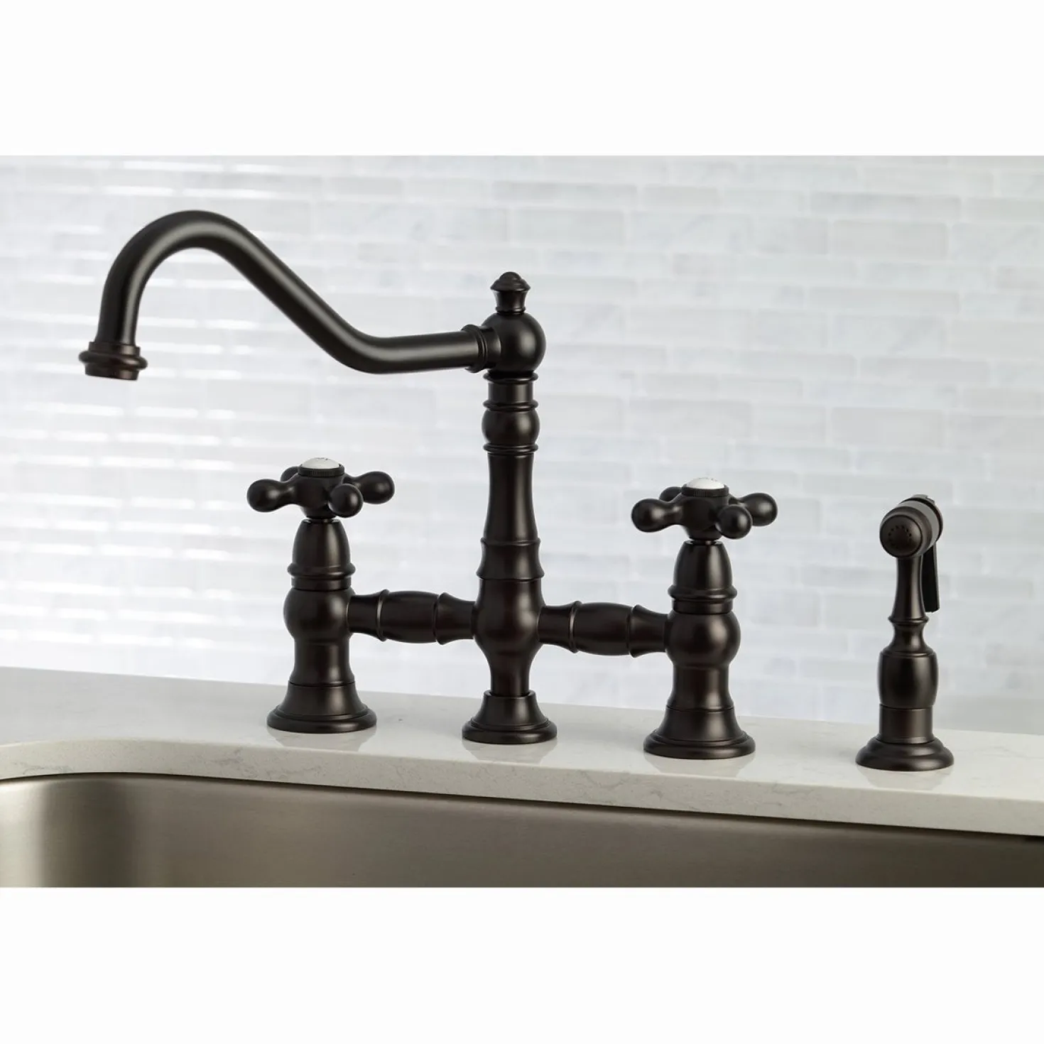 Kingston Brass Restoration 8" Bridge Kitchen Faucet with Sprayer