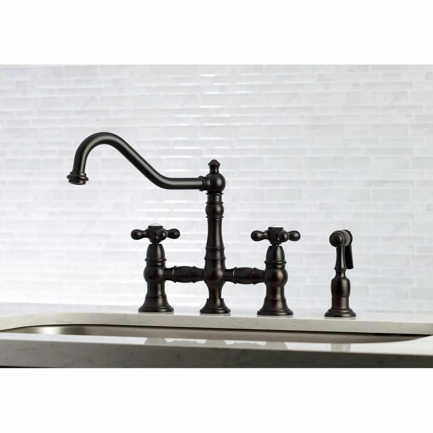 Kingston Brass Restoration 8" Bridge Kitchen Faucet with Sprayer