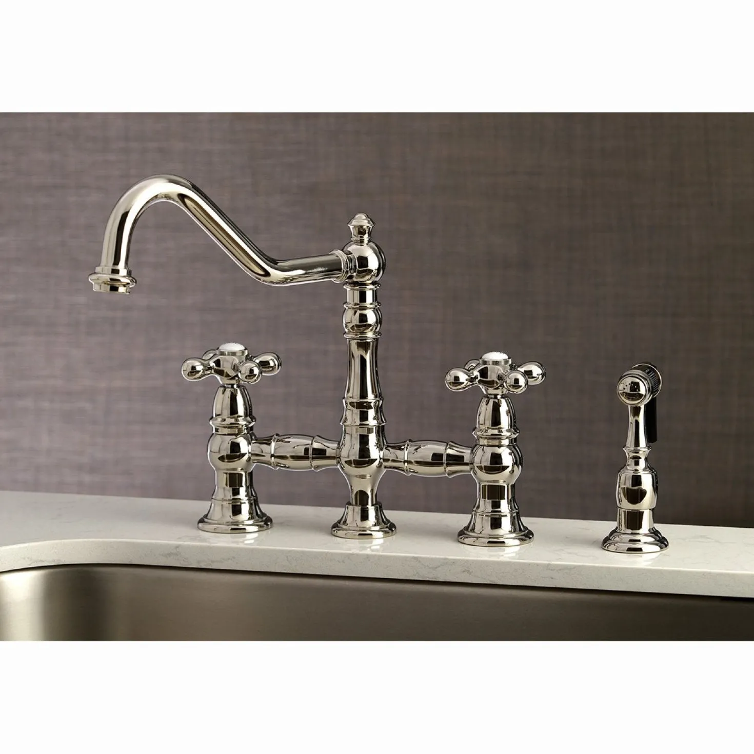 Kingston Brass Restoration 8" Bridge Kitchen Faucet with Sprayer