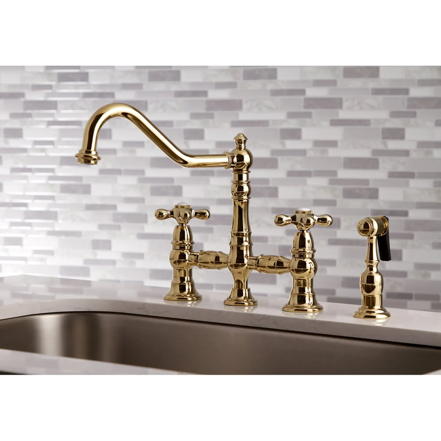 Kingston Brass Restoration 8" Bridge Kitchen Faucet with Sprayer