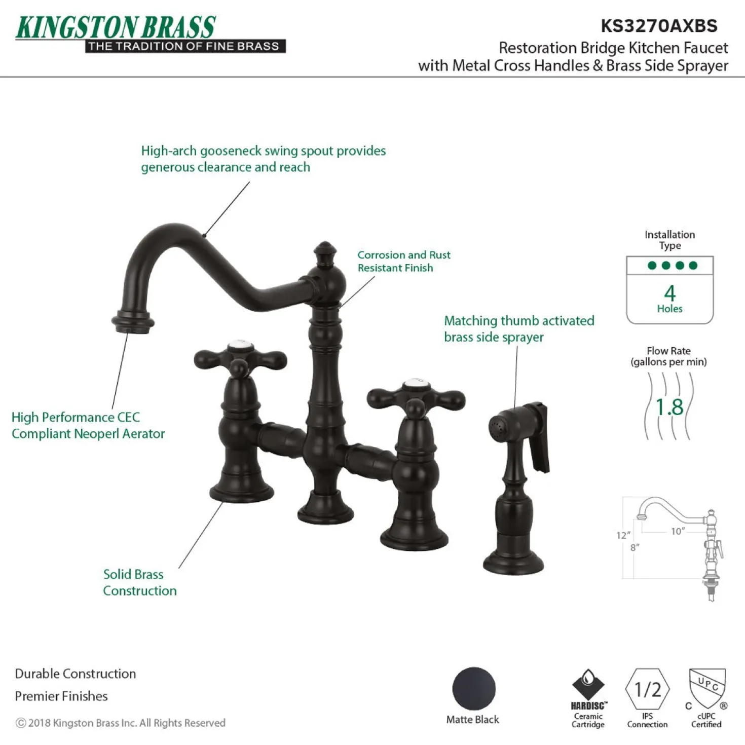 Kingston Brass Restoration 8" Bridge Kitchen Faucet with Sprayer