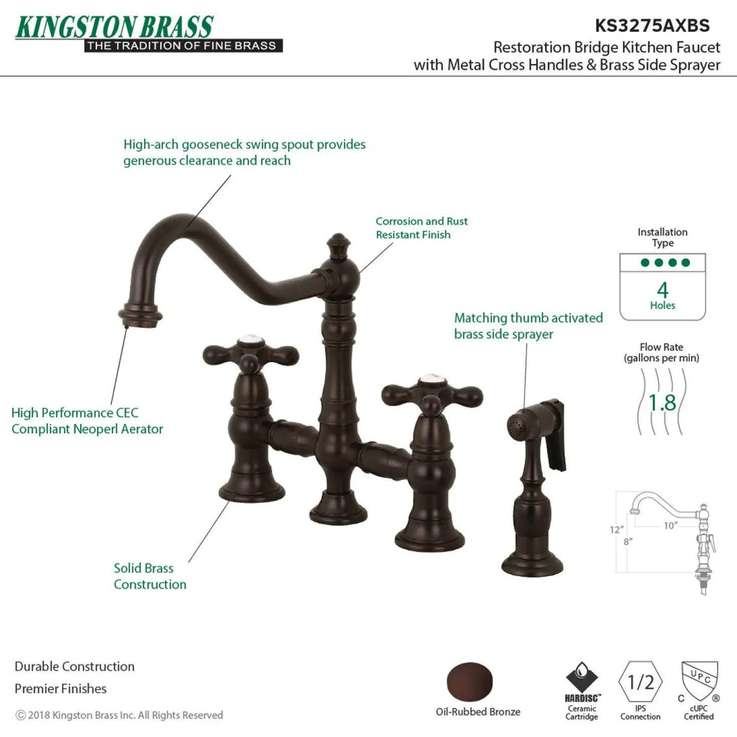 Kingston Brass Restoration 8" Bridge Kitchen Faucet with Sprayer