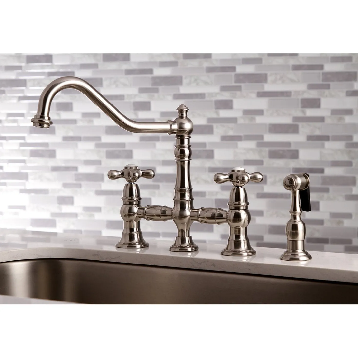 Kingston Brass Restoration 8" Bridge Kitchen Faucet with Sprayer