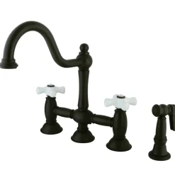 Kingston Brass Restoration Cross-Handle Kitchen Bridge Faucet with Brass Sprayer