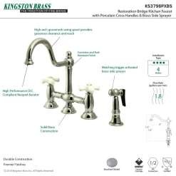 Kingston Brass Restoration Cross-Handle Kitchen Bridge Faucet with Brass Sprayer