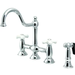 Kingston Brass Restoration Cross-Handle Kitchen Bridge Faucet with Brass Sprayer