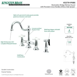 Kingston Brass Restoration Cross-Handle Kitchen Bridge Faucet with Brass Sprayer