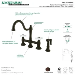 Kingston Brass Restoration Cross-Handle Kitchen Bridge Faucet with Brass Sprayer