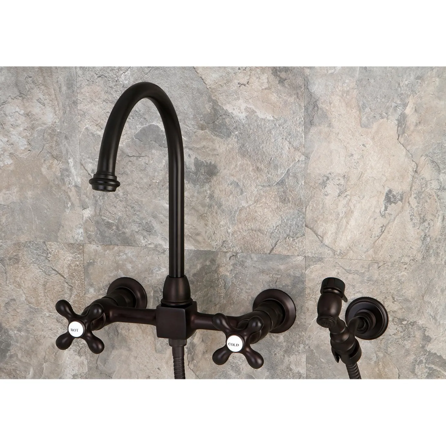 Kingston Brass Restoration 8" Centerset Wall Mount Kitchen Faucet with Brass Sprayer