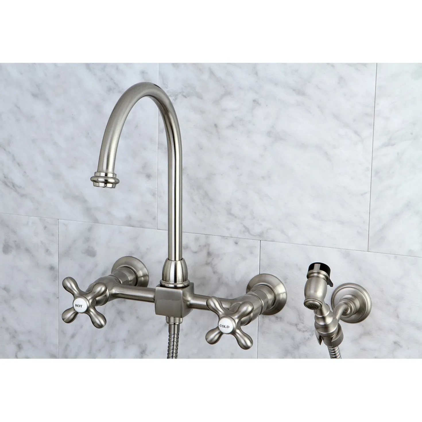Kingston Brass Restoration 8" Centerset Wall Mount Kitchen Faucet with Brass Sprayer