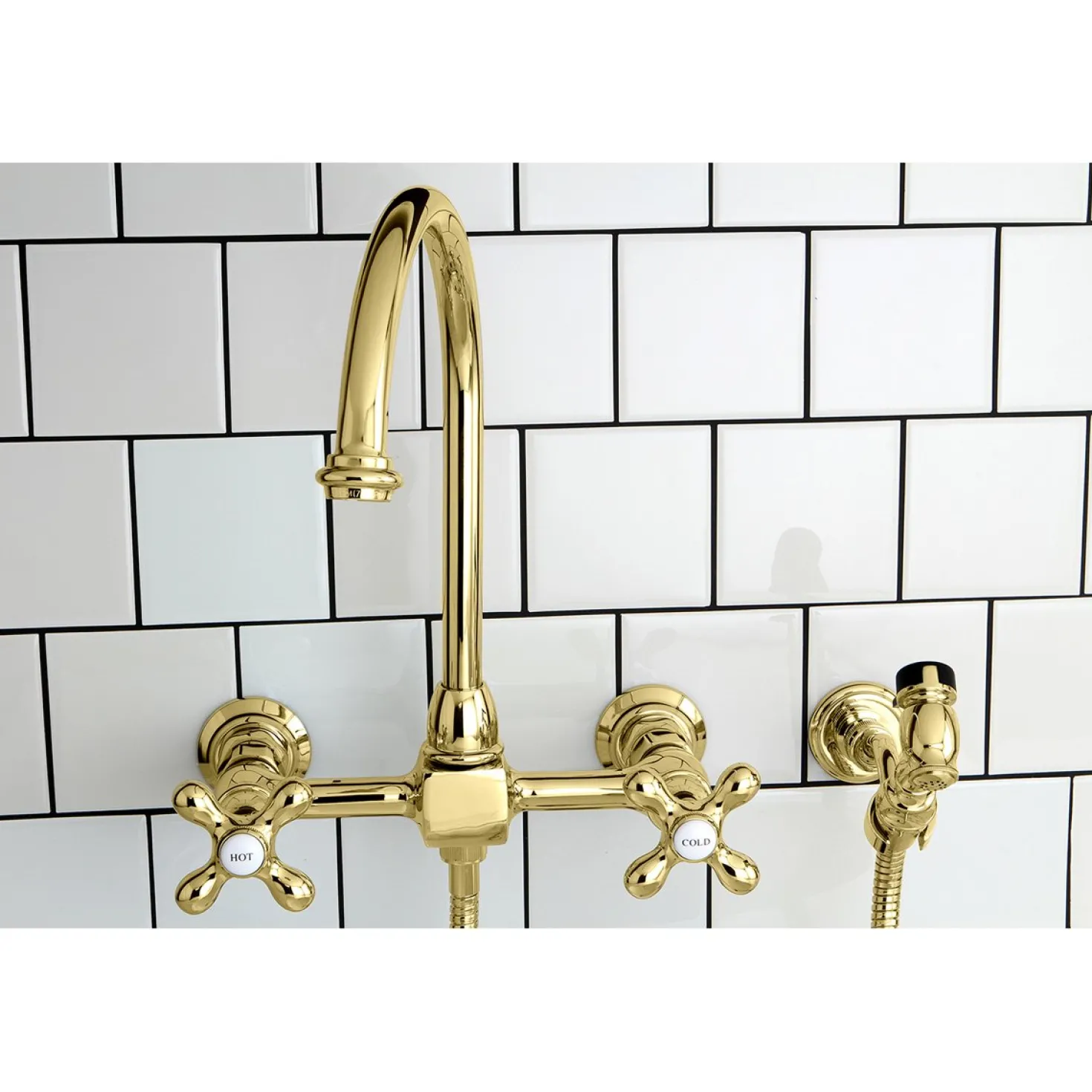 Kingston Brass Restoration 8" Centerset Wall Mount Kitchen Faucet with Brass Sprayer