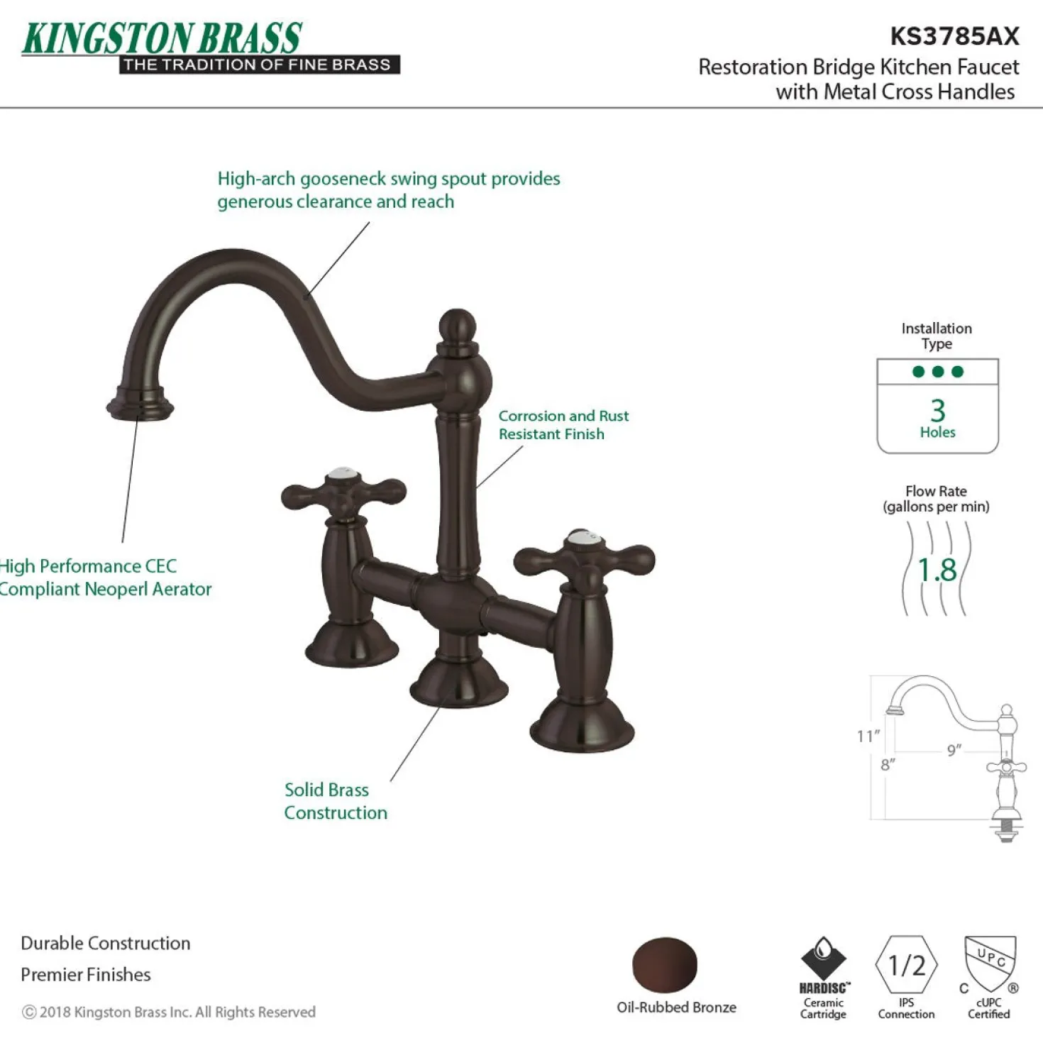 Kingston Brass Restoration Deck Mount Kitchen Bridge Faucet