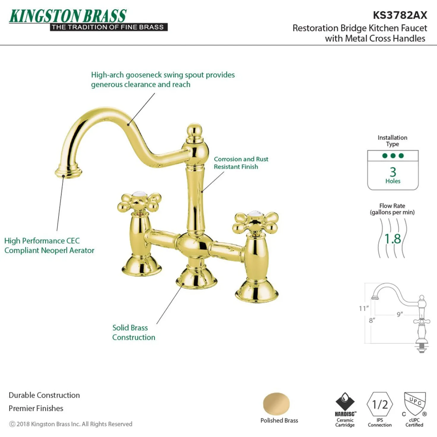 Kingston Brass Restoration Deck Mount Kitchen Bridge Faucet