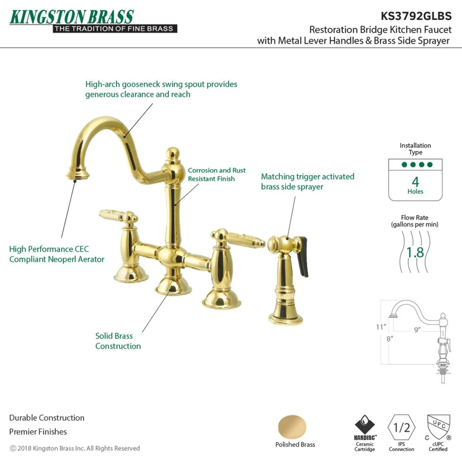 Kingston Brass Restoration Deck Mount Kitchen Bridge Faucet with Brass Sprayer