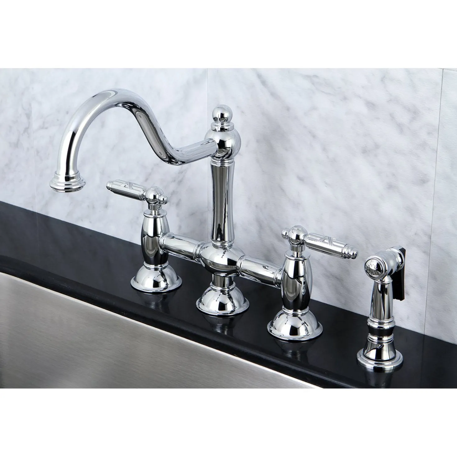 Kingston Brass Restoration Deck Mount Kitchen Bridge Faucet with Brass Sprayer