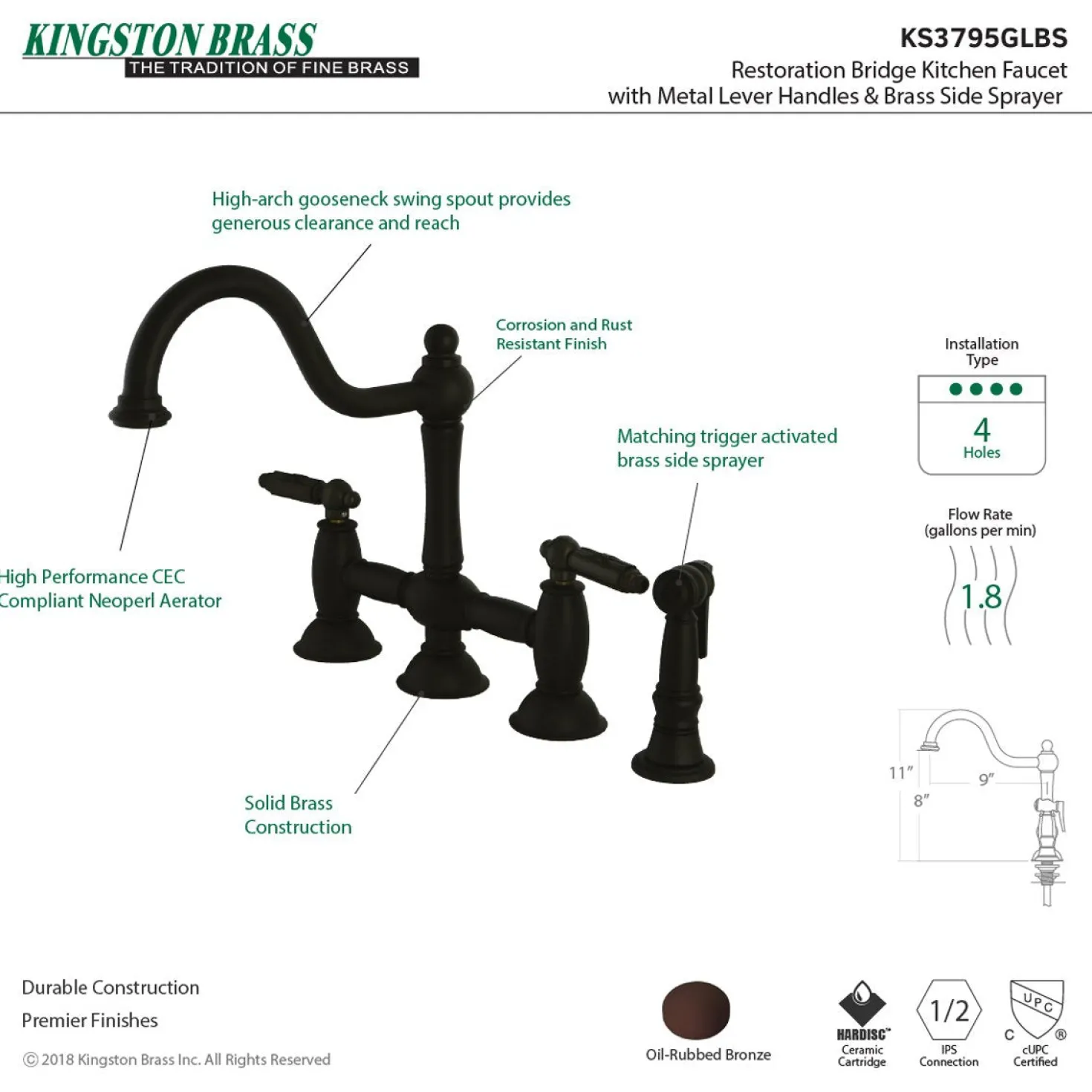 Kingston Brass Restoration Deck Mount Kitchen Bridge Faucet with Brass Sprayer