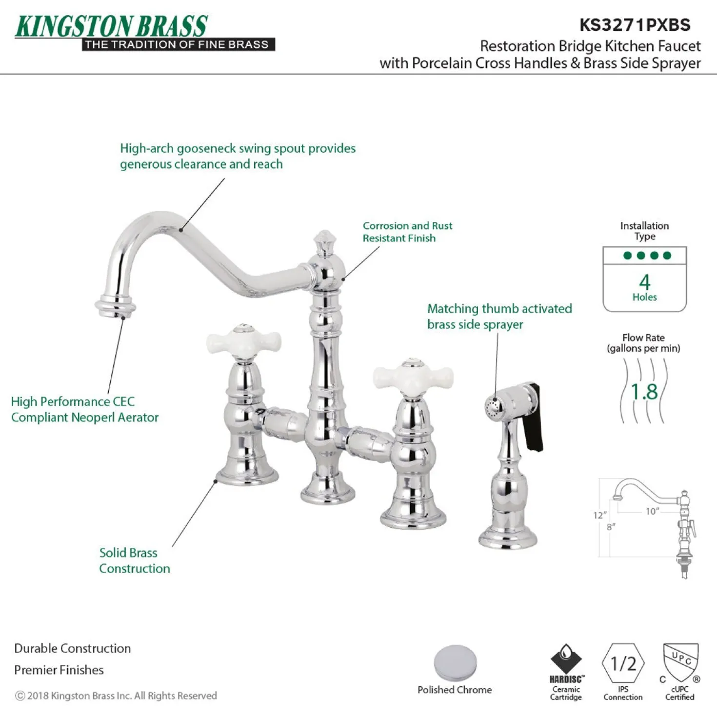 Kingston Brass Restoration Deck Mount 8" Bridge Kitchen Faucet with Sprayer