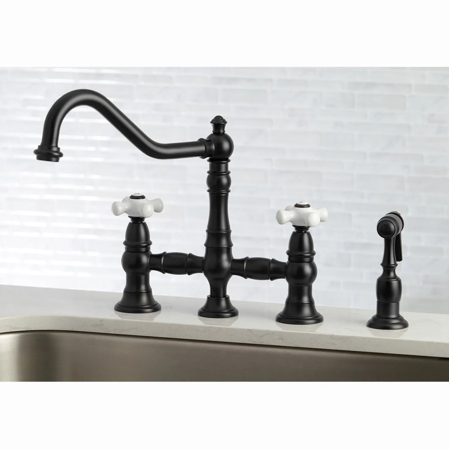 Kingston Brass Restoration Deck Mount 8" Bridge Kitchen Faucet with Sprayer