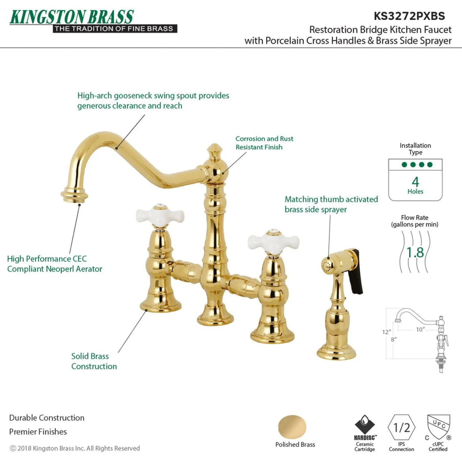Kingston Brass Restoration Deck Mount 8" Bridge Kitchen Faucet with Sprayer