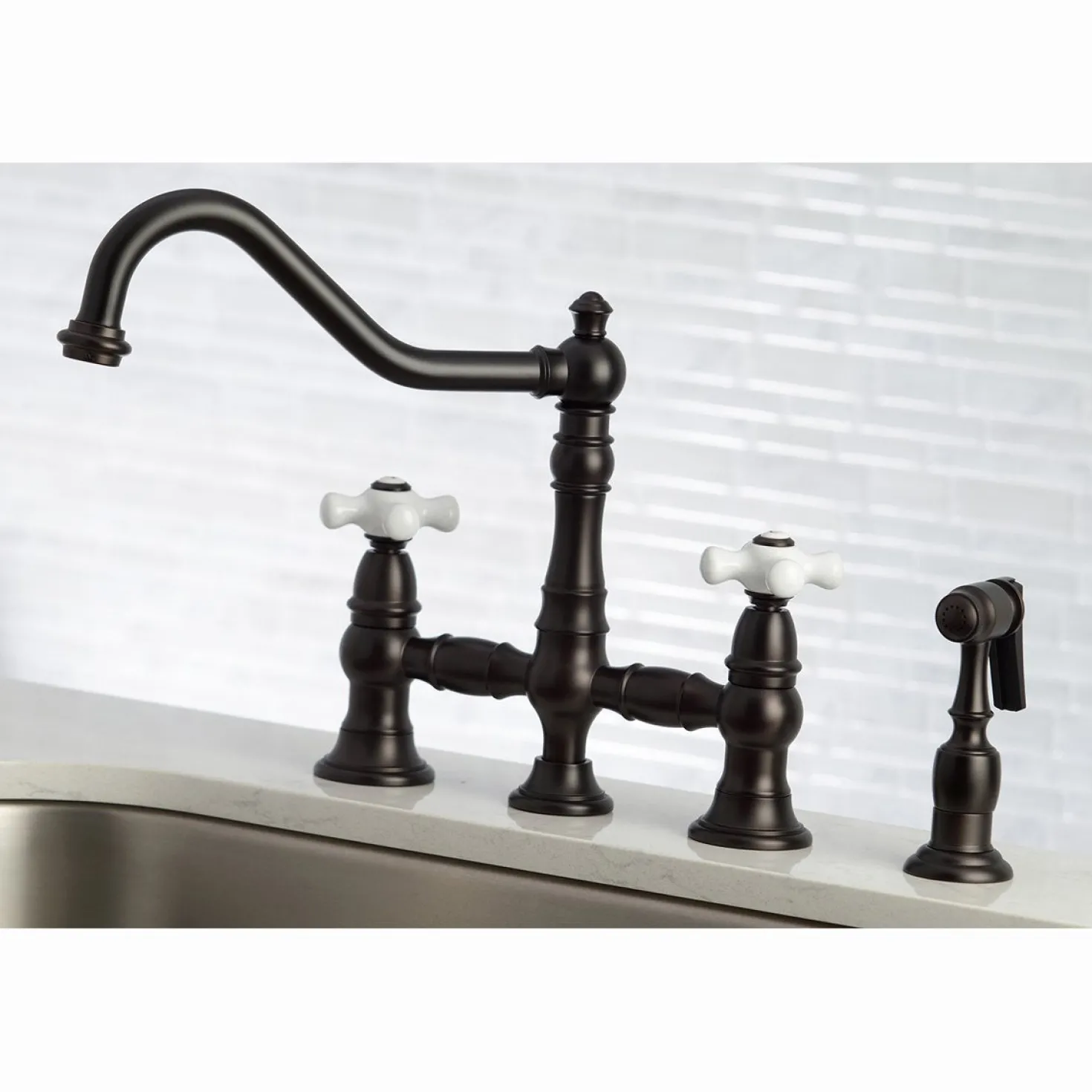 Kingston Brass Restoration Deck Mount 8" Bridge Kitchen Faucet with Sprayer
