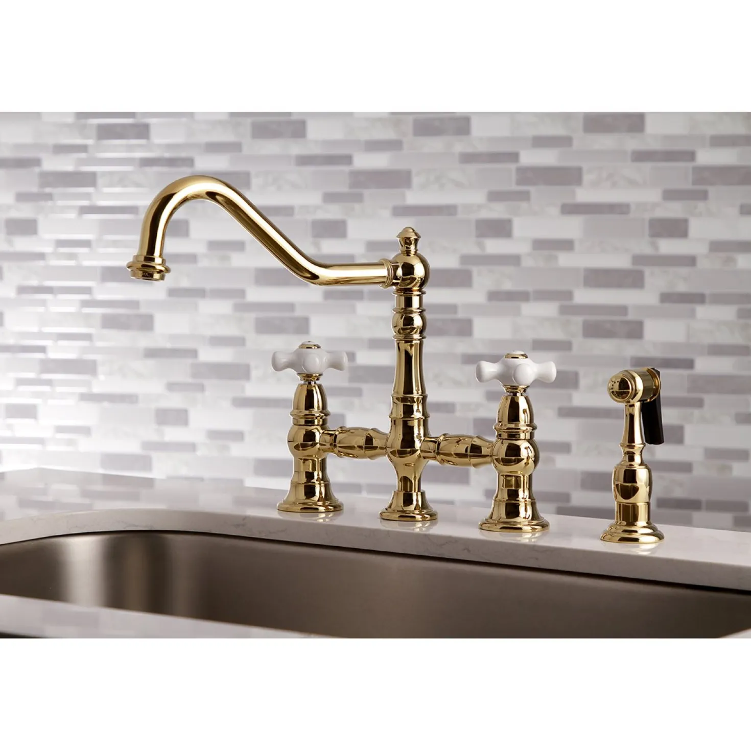 Kingston Brass Restoration Deck Mount 8" Bridge Kitchen Faucet with Sprayer