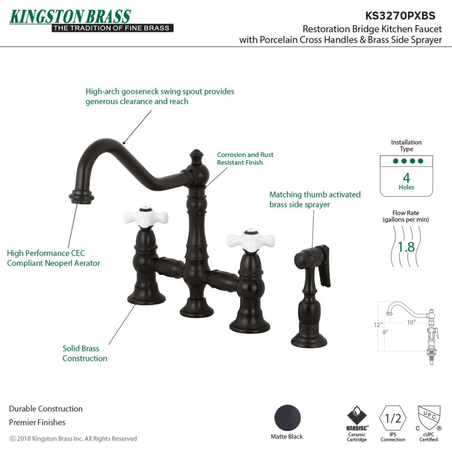 Kingston Brass Restoration Deck Mount 8" Bridge Kitchen Faucet with Sprayer