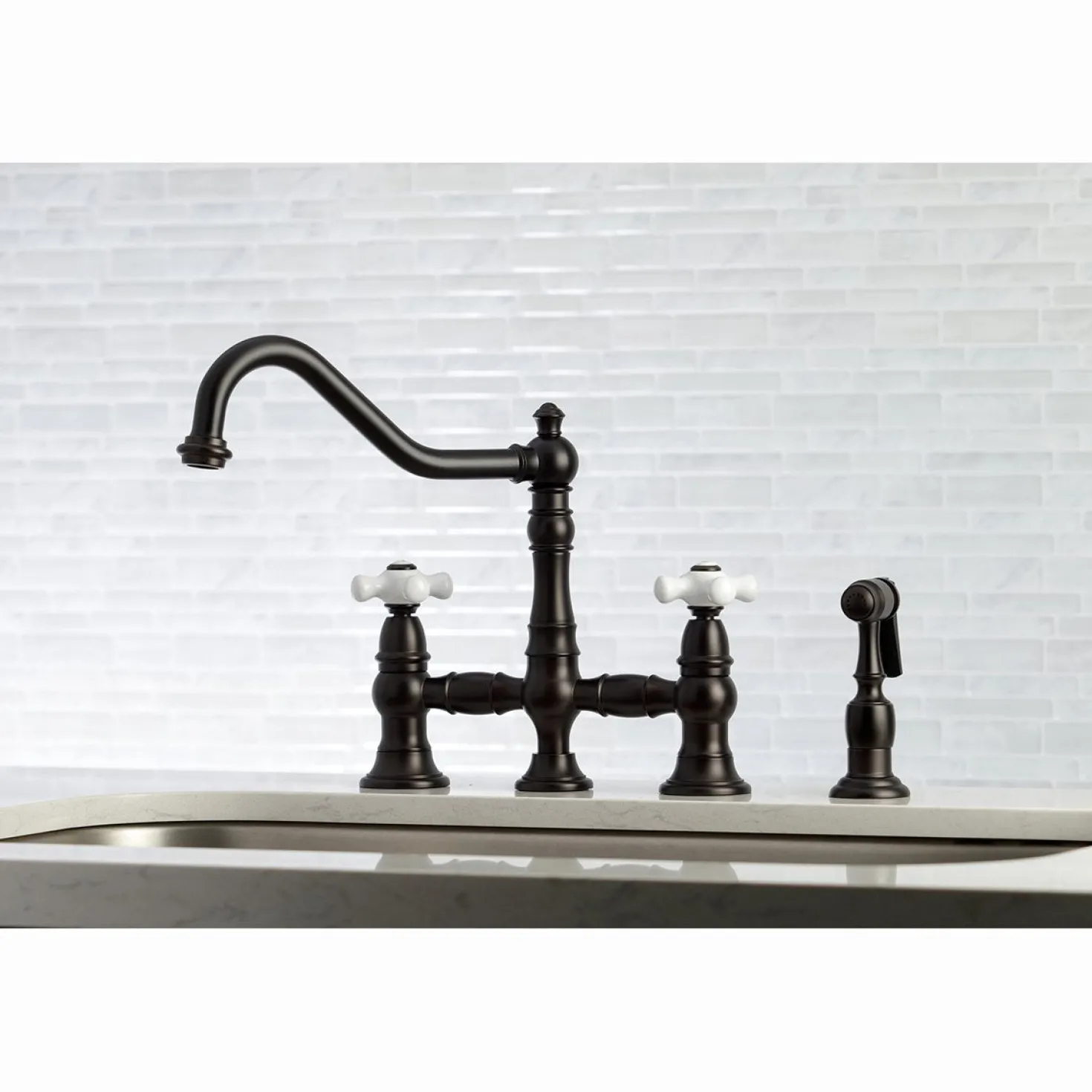 Kingston Brass Restoration Deck Mount 8" Bridge Kitchen Faucet with Sprayer
